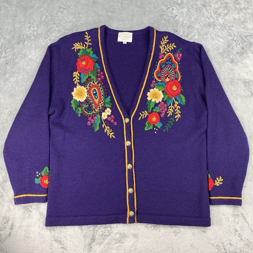 Vtg Susan Bristol Sweater Womens L Purple Hand Embroidered Cardigan Wool *READ*